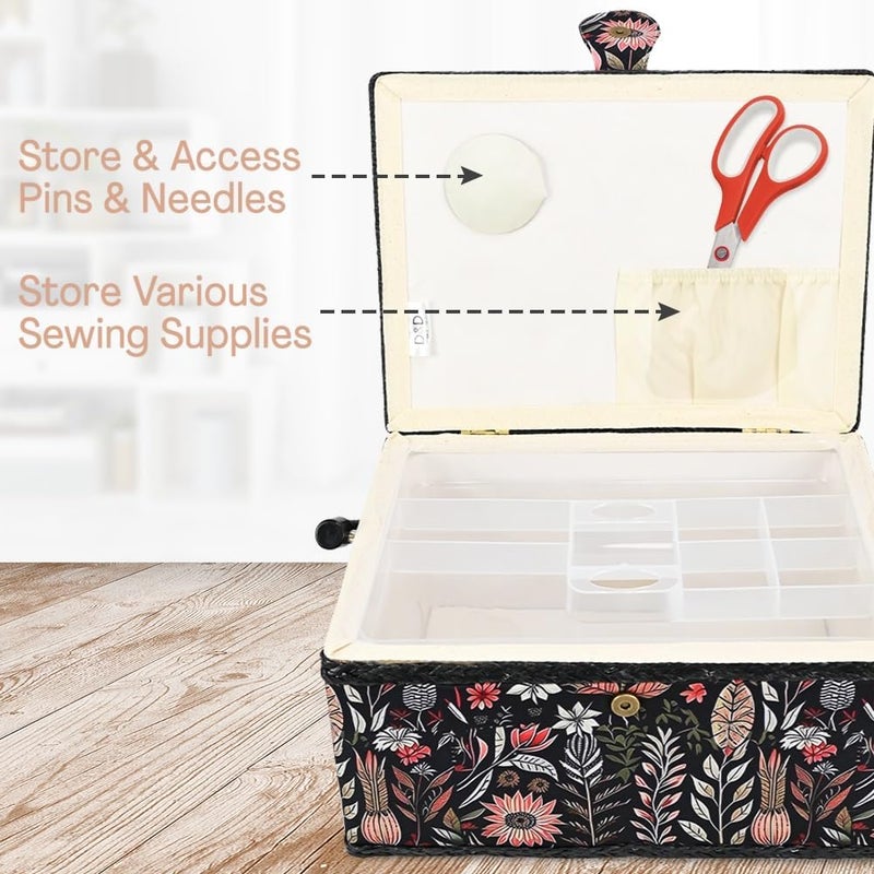 COMFECTO Vintage Black Print Wooden Sewing Basket Organizer, Empty Box With Removable Tray and Built-In Pin Cushion for Supplies, Suitable for Beginners and Experts - Image 5